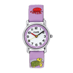 Lilla barnearmbåndsur med tegneserieblekksprut og skilpadde på remmen, med en rund hvit urskive og svarte tall.