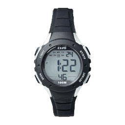 Digital armbåndsur med svart rem og bezel, som viser tiden 1:22 og datoindikatorer på en grå skjerm.