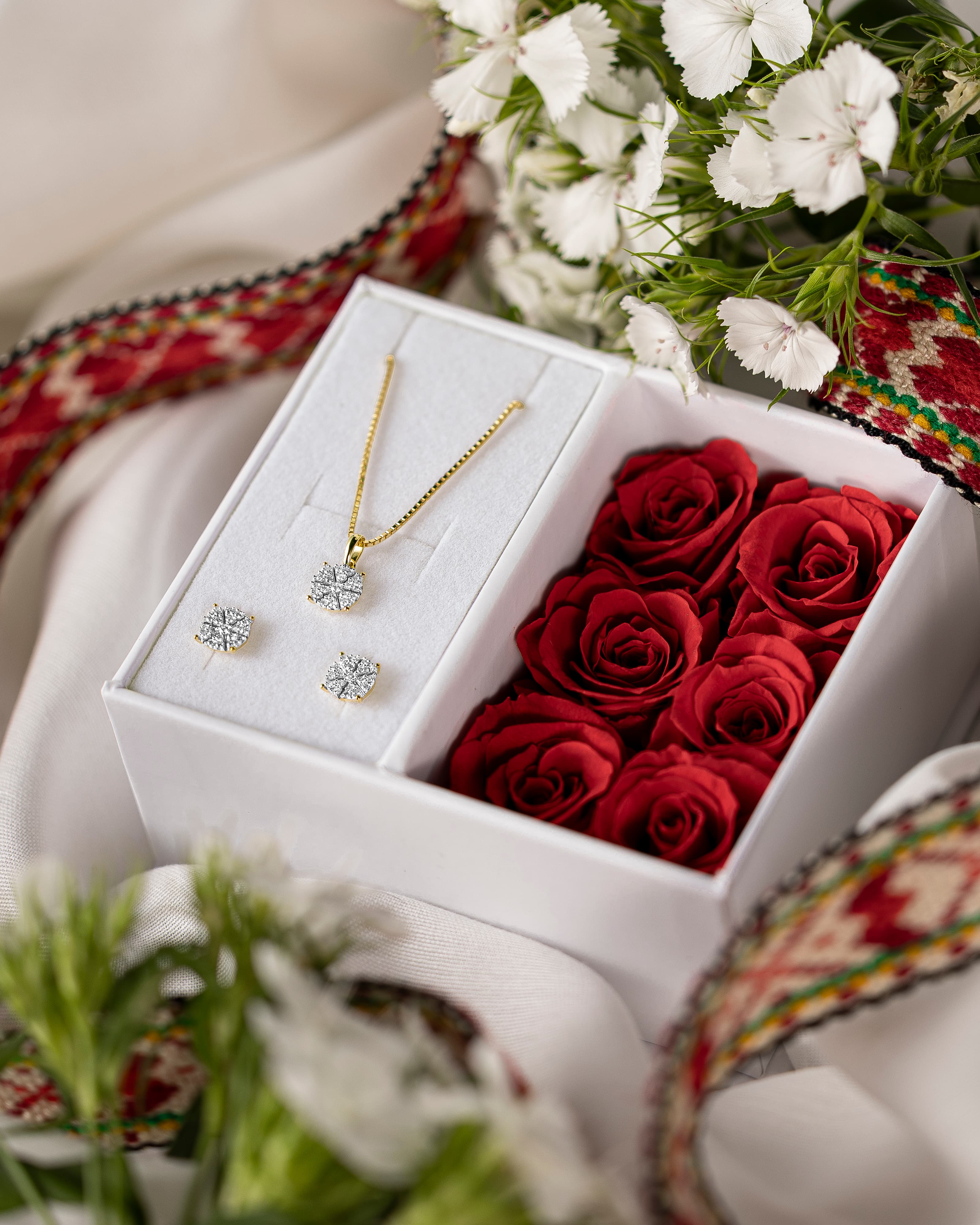 Smykkegaveeske med et halskjede og øredobber, omgitt av røde roser og dekorativt bånd på en hvit stoffbakgrunn.