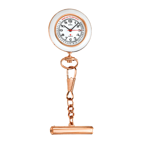En sykepleierklokke i roségull med klips, hvit urskive, svarte og røde tall og en pulseringsskala rundt kanten.