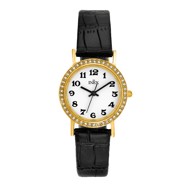 Armbåndsur med gullinnfatning, hvit urskive, svarte tall, krystalldetaljer og svart lærreim.