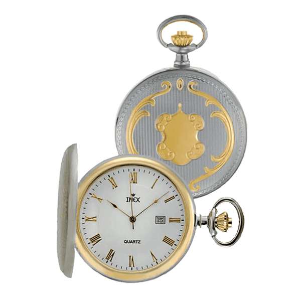 Lommeur i sølv og gull med romertall, et utsmykket baksidedesign og synlig datovisning på den hvite urskiven.