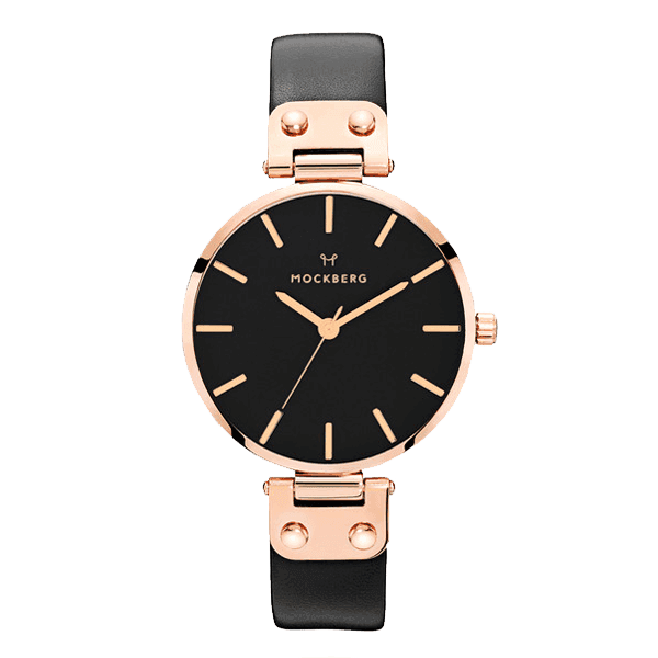 Elegant armbåndsur i svart og gull med minimalistisk design, med svart skinnreim og elegante gulldetaljer på urskiven og spennen.