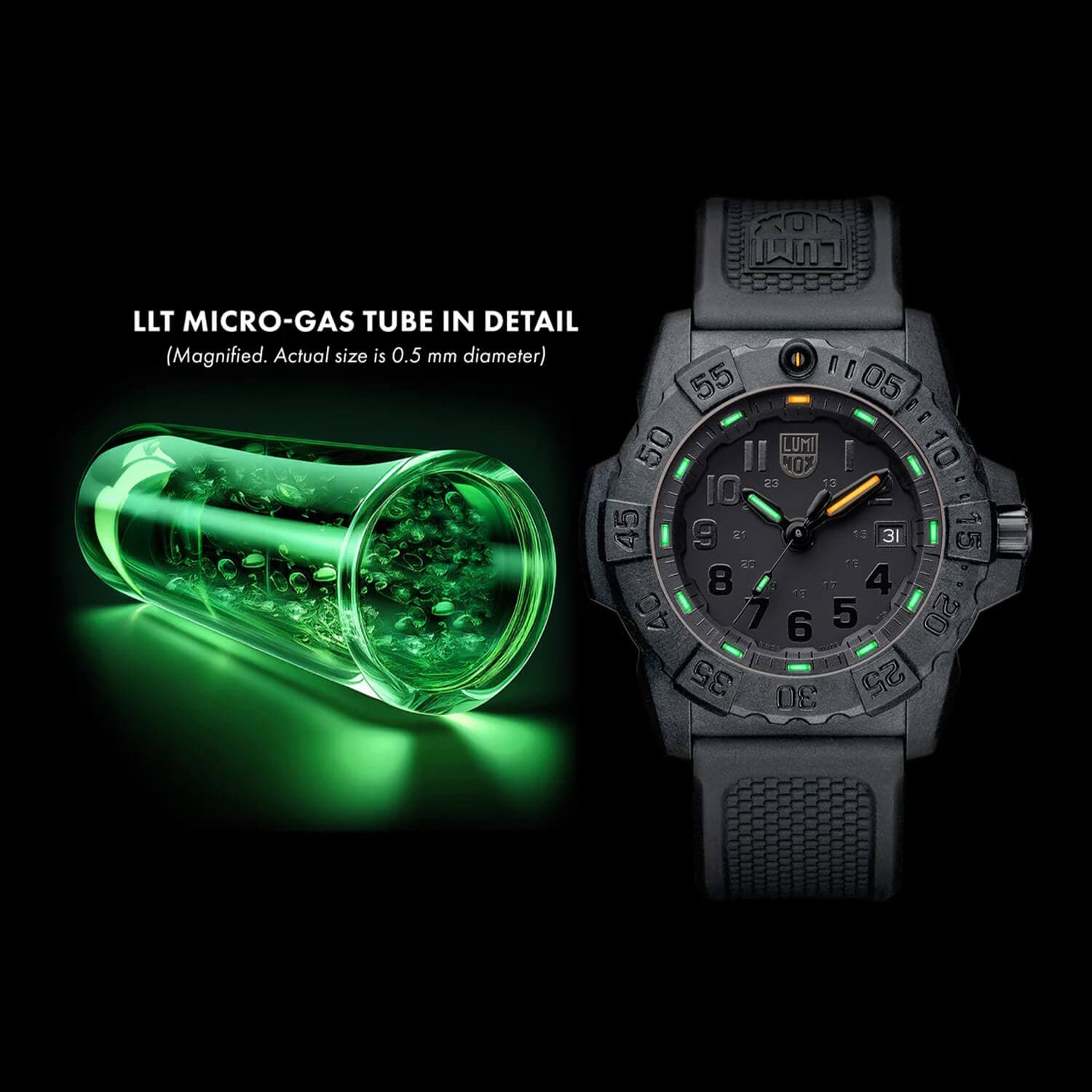 Svart klokke med glødende grønne markører og et innsatt bilde som viser et forstørret LLT-mikrogassrør brukt til belysning.