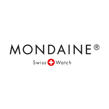 Det sveitsiske klokkemerke Mondaine sin logo, med teksten Swiss Watch og en rød sirkel med hvitt kors inn, som det sveitsiske flagget. Bakgrunnen er gjennomsiktig.