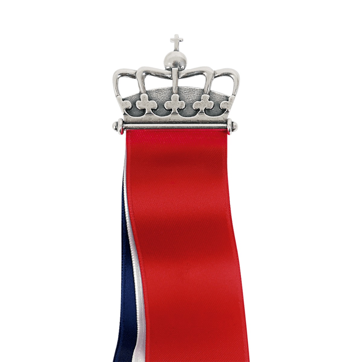 Sølvsløyfe med kroneformet spenne og rødt, hvitt og blått bånd mot hvit bakgrunn