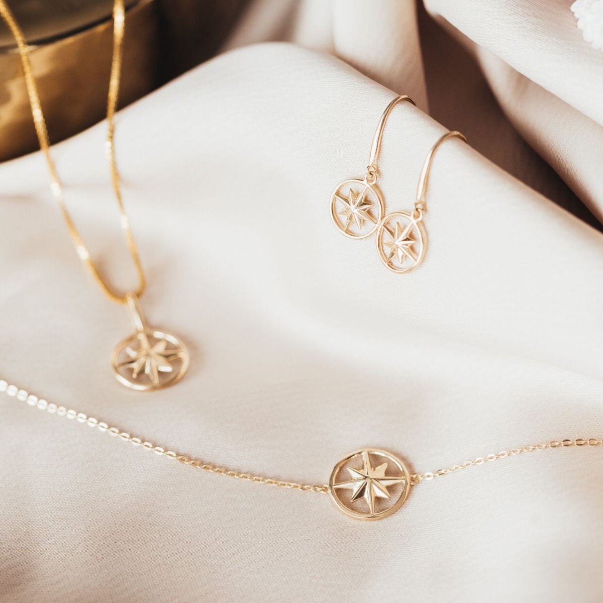 Produktbilde av gullfargende øredobber med Nordstjerne-motiv, på hvit bakgrunn