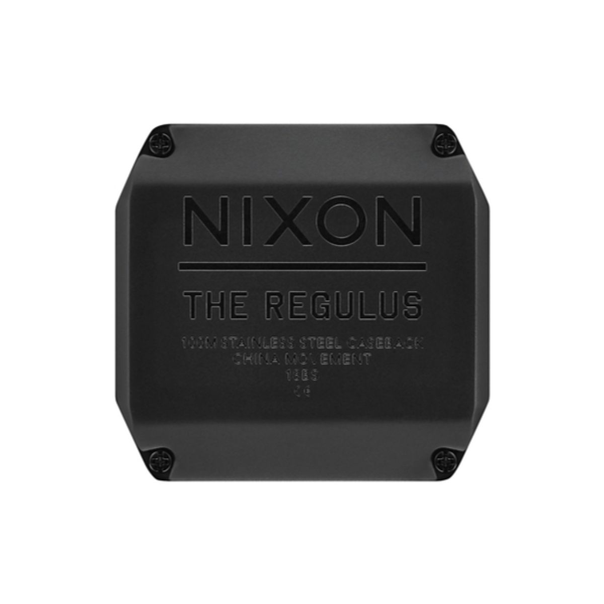 Nixon digital klokke i mørk grå med firkantet kasse, svart display med klokke, dato, alarm og silikonrem sett forfra