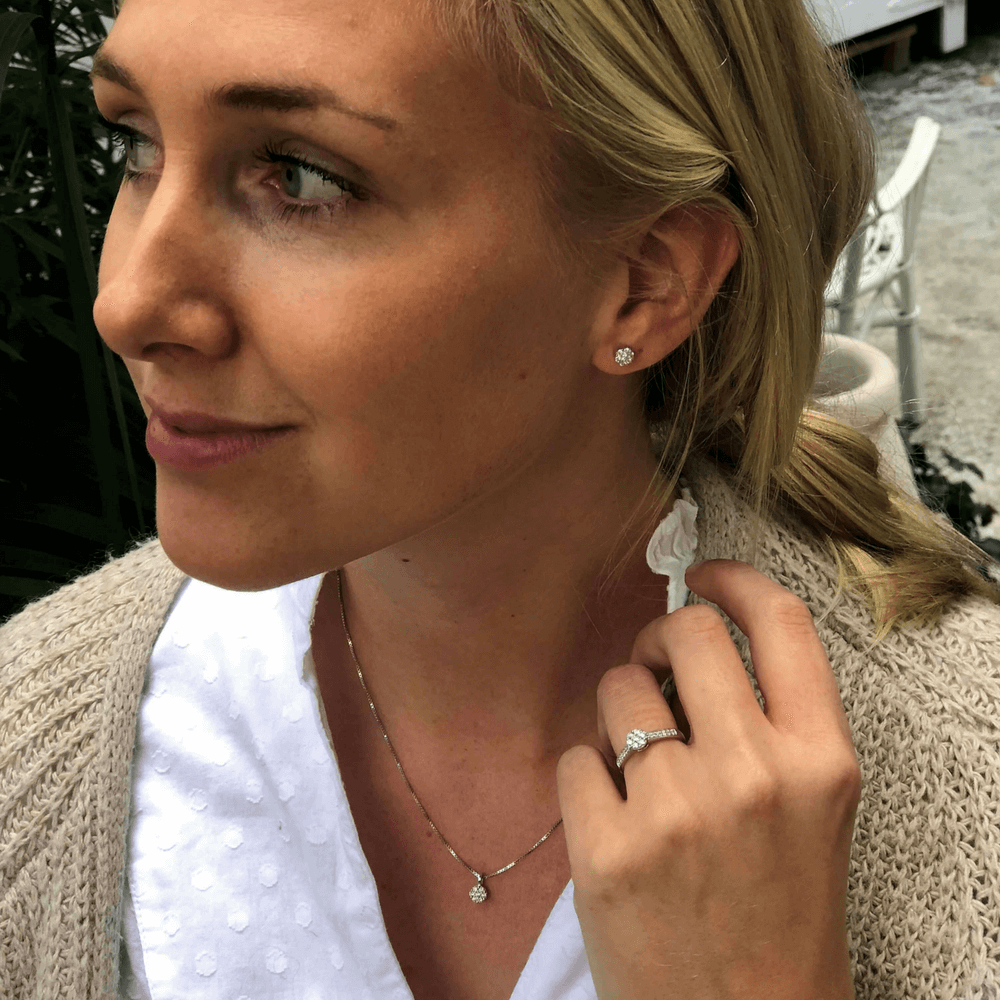 Øredobber i tofarget metall med sølv base, runde klynger av klare steiner i hvit fatning, stift med fjærlås, vist fra to vinkler