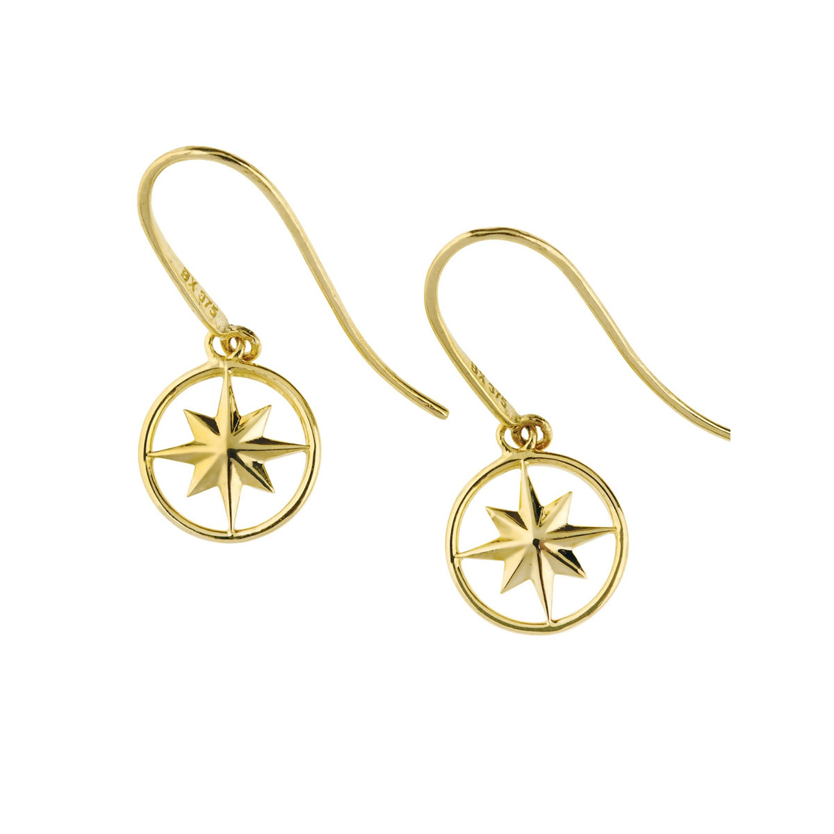 Produktbilde av gullfargende øredobber med Nordstjerne-motiv, på hvit bakgrunn