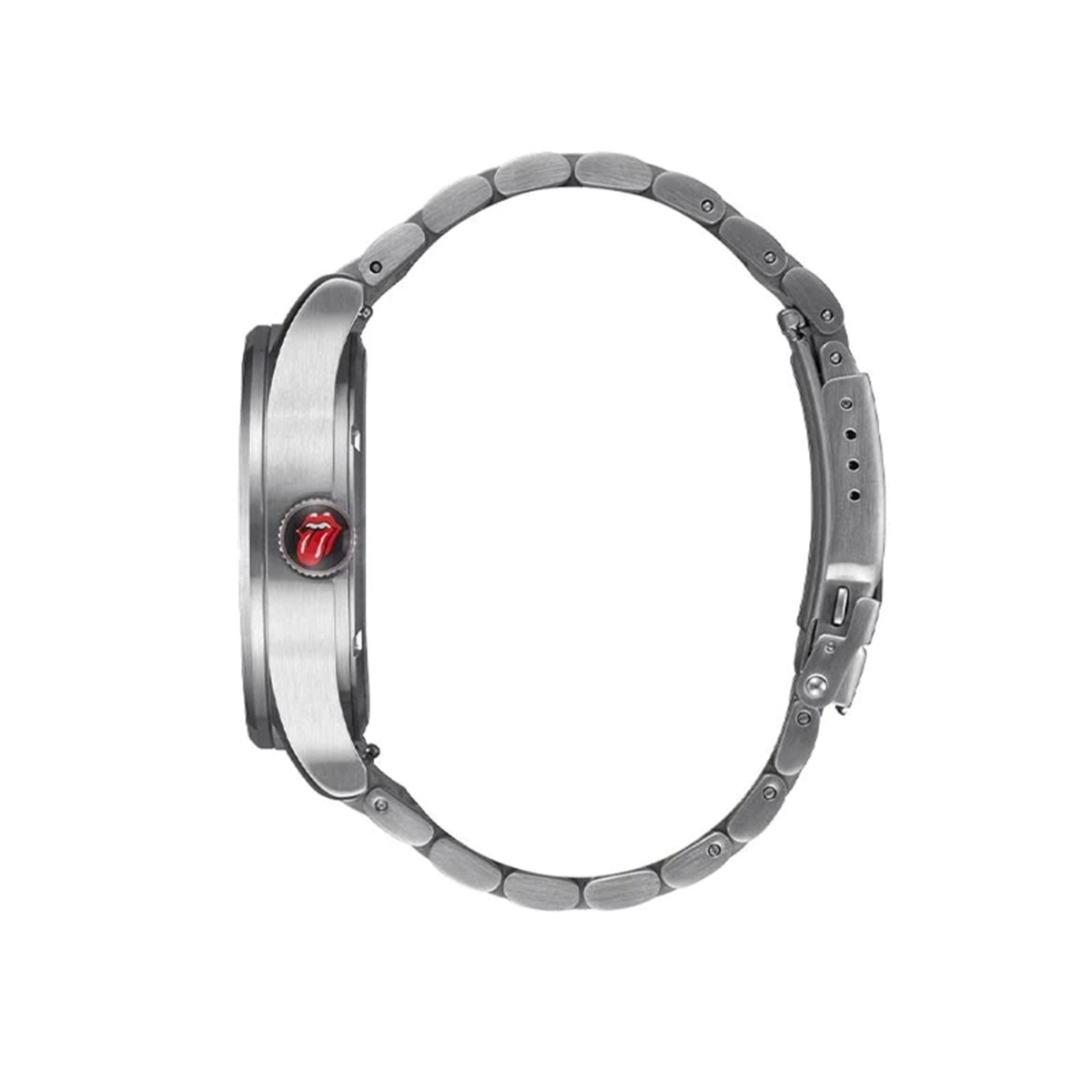 Nixon klokke med stålkasse og lenkearmbånd, svart urskive med detaljert grafisk mønster, røde visere og dag-dato-vindu