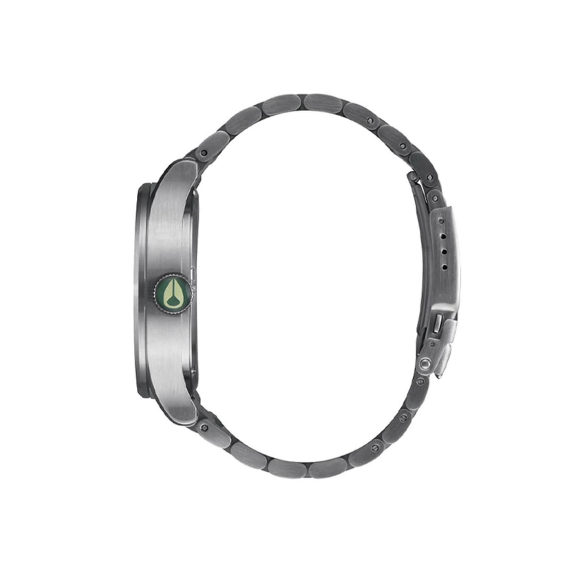 Analog armbåndsur i rustfritt stål med lenke, grønn urskive, sølvfargede visere og timemarkører samt dag- og datovisning, sett forfra.