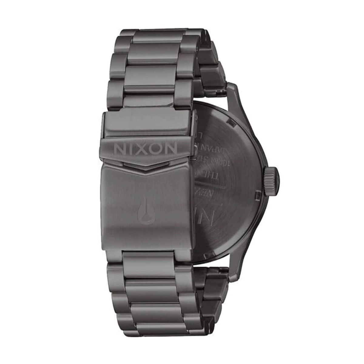 Analog armbåndsur i rustfritt stål med lenke, sort urskive, sølvfargede visere og timemarkører samt dag- og datovisning, sett forfra.