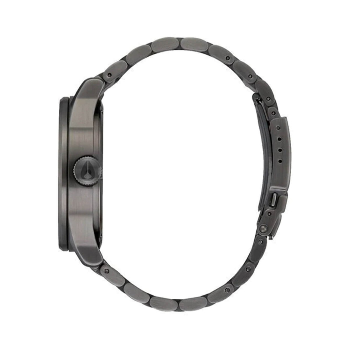 Analog armbåndsur i rustfritt stål med lenke, sort urskive, sølvfargede visere og timemarkører samt dag- og datovisning, sett forfra.