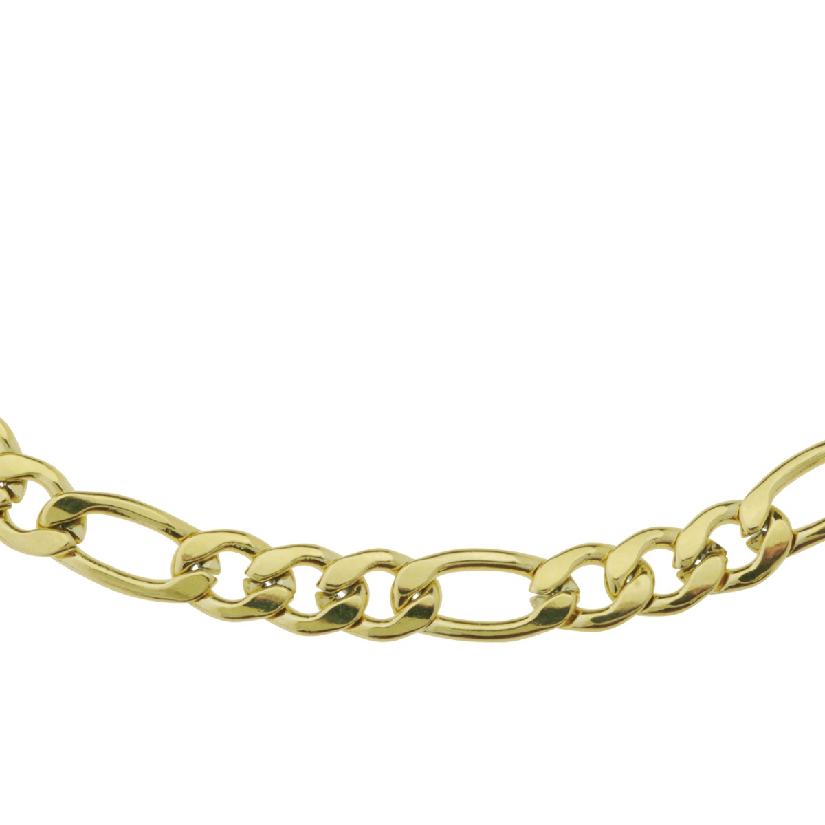 Gullfarget armbånd med flate, ovale ledd og forlengerlenke med liten sekskantet charm, vist mot hvit bakgrunn.