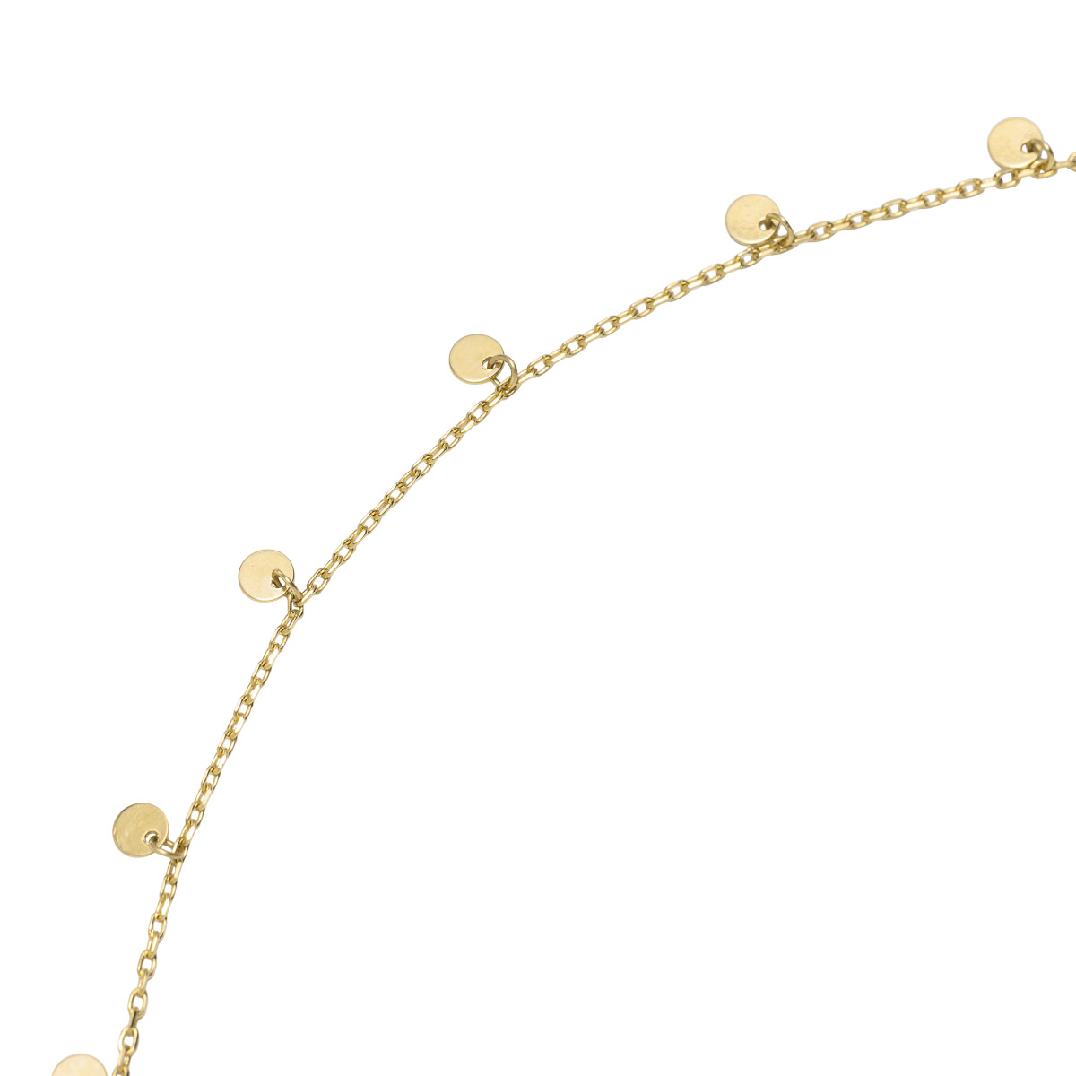 Armbånd i gult gull med 9 hengende små sirkelplater over hele armbåndet.