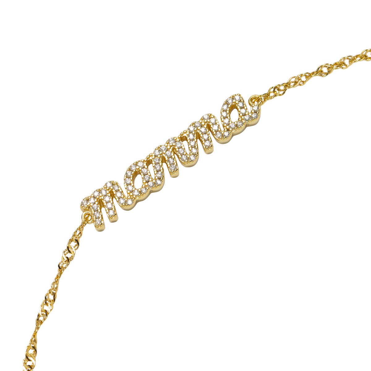 Gullfarget armbånd med tvunnet lenke og teksten «Mamma» i bokstaver dekorert med små glitrende steiner