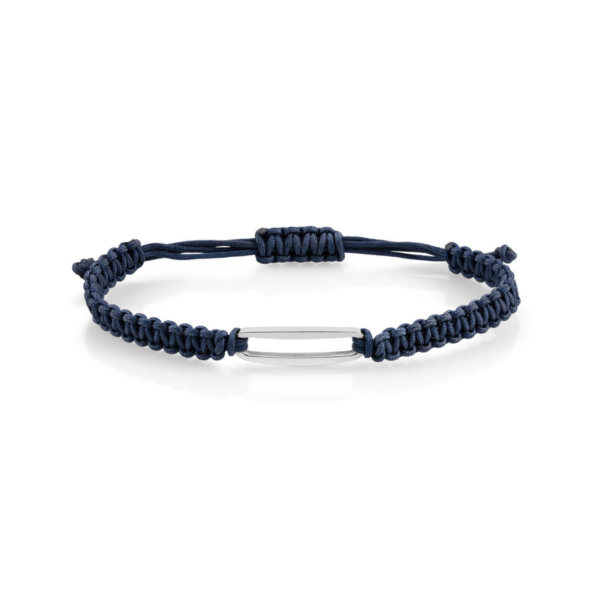 Blått armbånd med stålplate og Frelsesarmeen-logo øverst til venstre på hvit bakgrunn.