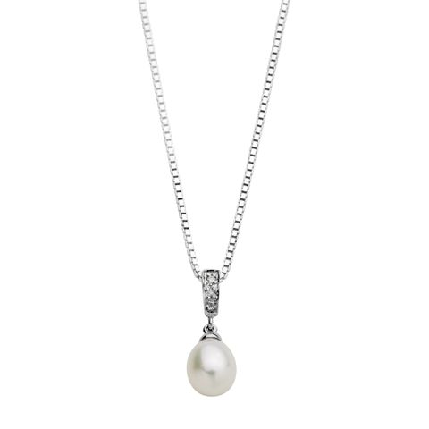 Diamantsmykke Ferskvannsperle 585 Hvitt Gull 0,0013 ct.
