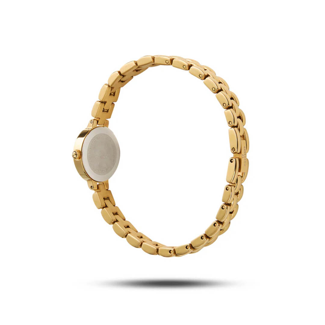 Et produktbilde av en smal analog dameklokke med romerske tallindekser med hvit urskive, og en utrolig lekker lenke.