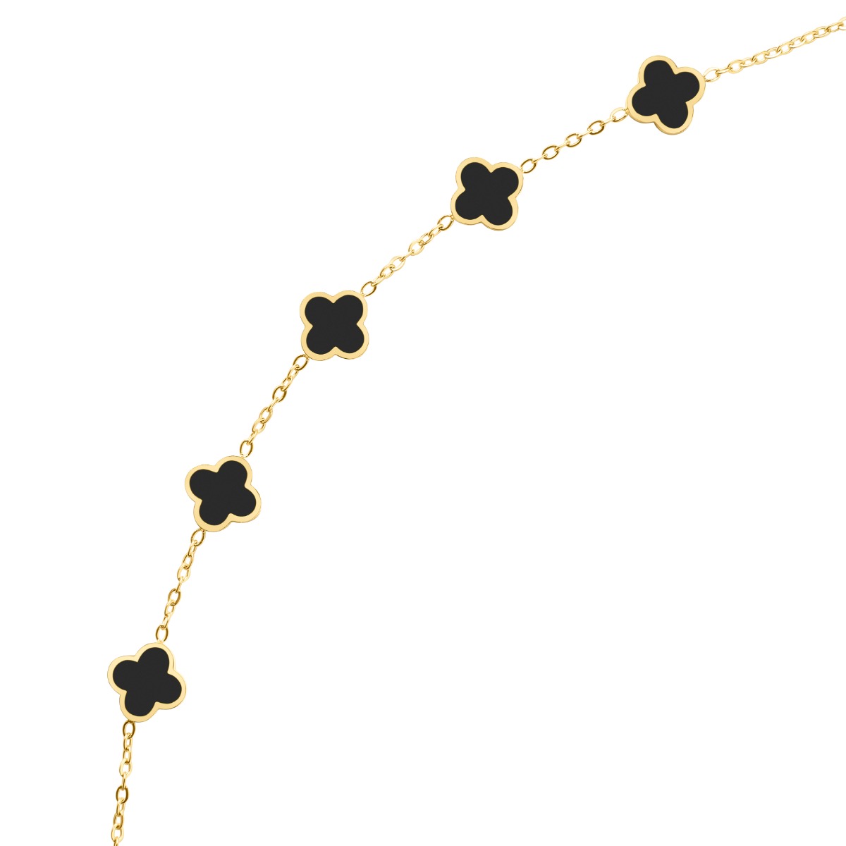 Gullfarget armbånd med fem svarte firkløverformede ledd på tynn kjede, avbildet mot en ren hvit bakgrunn.