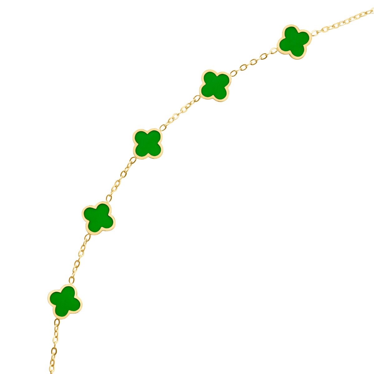 Gullfarget armbånd med fem grønne firkløverformede ledd, koblet sammen med tynne kjedelinker og justerbar lås.