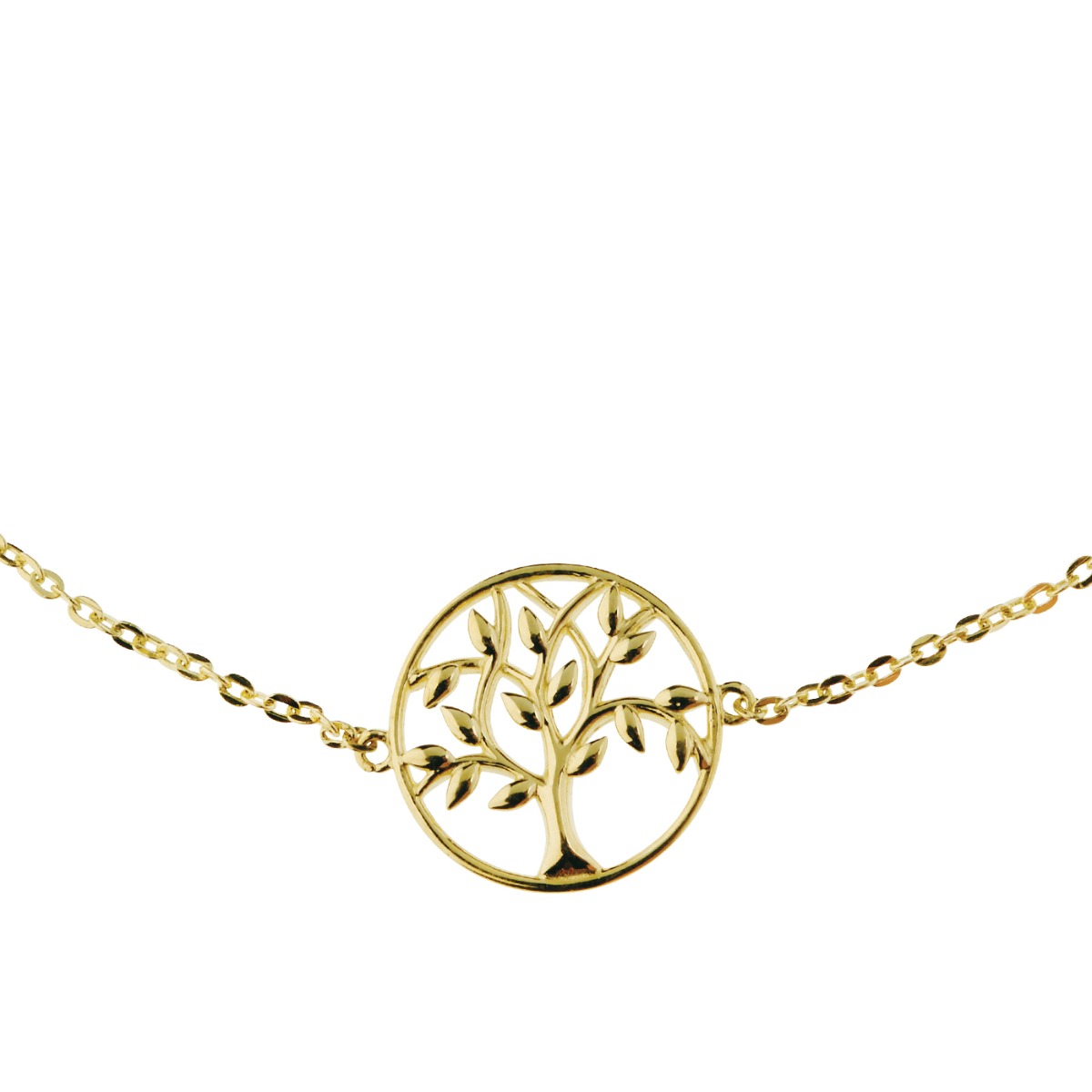 Gullarmbånd med tynn lenke og rundt anheng med stilisert livets tre, fotografert mot hvit bakgrunn.