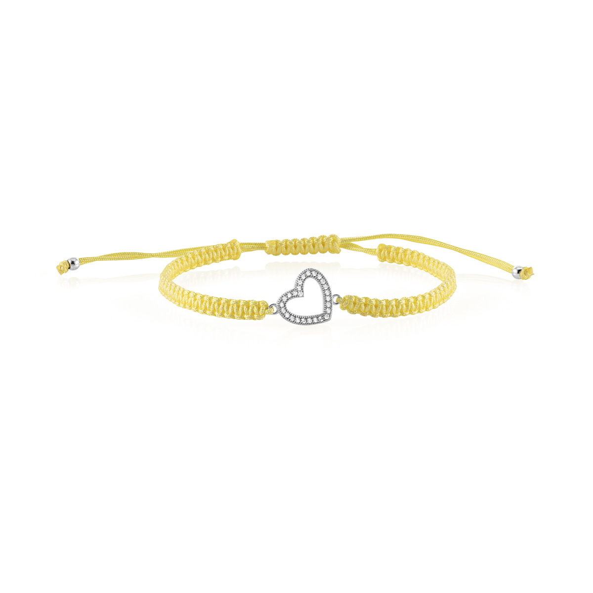 Fargerikt armbånd med åpent hjerte i forgylt metall og gulfarget snor, Frelsesarmeen-logo øverst til venstre.