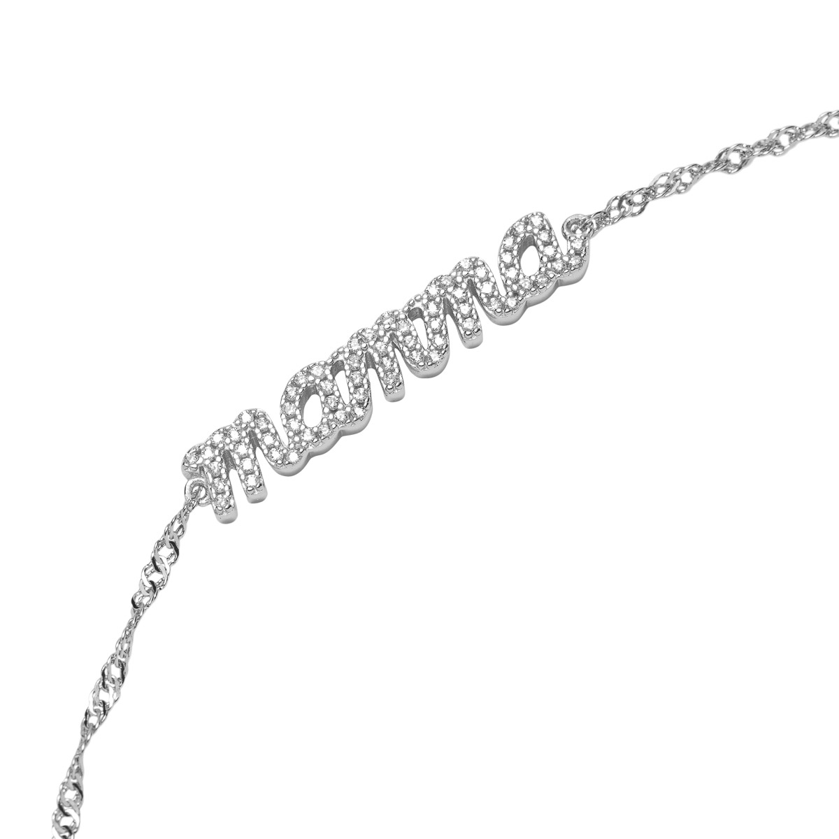 Sølvfarget armbånd med ordet «mamma» skrevet i glitrende bokstaver, vist mot hvit bakgrunn