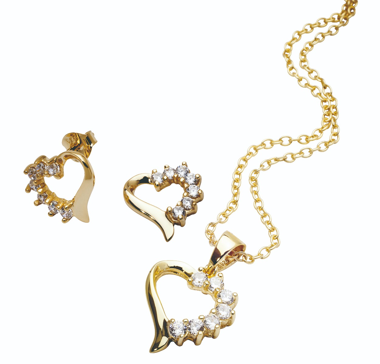Gullfarget smykkesett med halssmykke, ring og ørestikker i asymmetrisk hjerte-design dekorert med gjennomsiktige steiner mot hvit bakgrunn