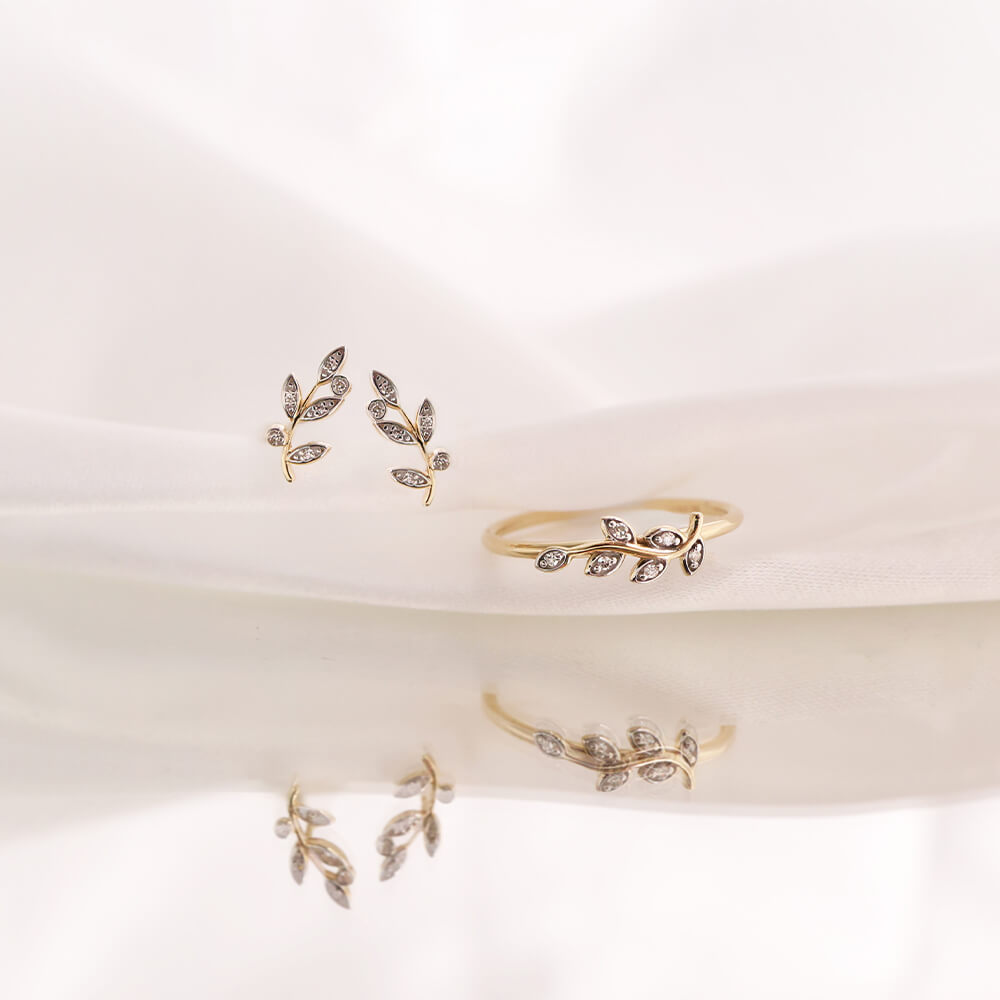 Diamantøredobber Blader 375 Gult Gull 0,0015 ct