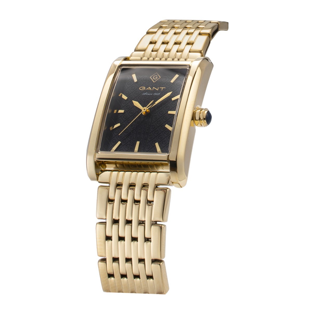 En gullfarget firkantet Gant klokke med sort teksturert urskive og gullfarget lenke på hvit bakgrunn