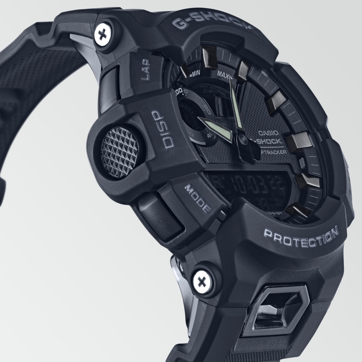 Casio G-Shock armbåndsur i svart med digital og analog visning, store knapper og robust design.