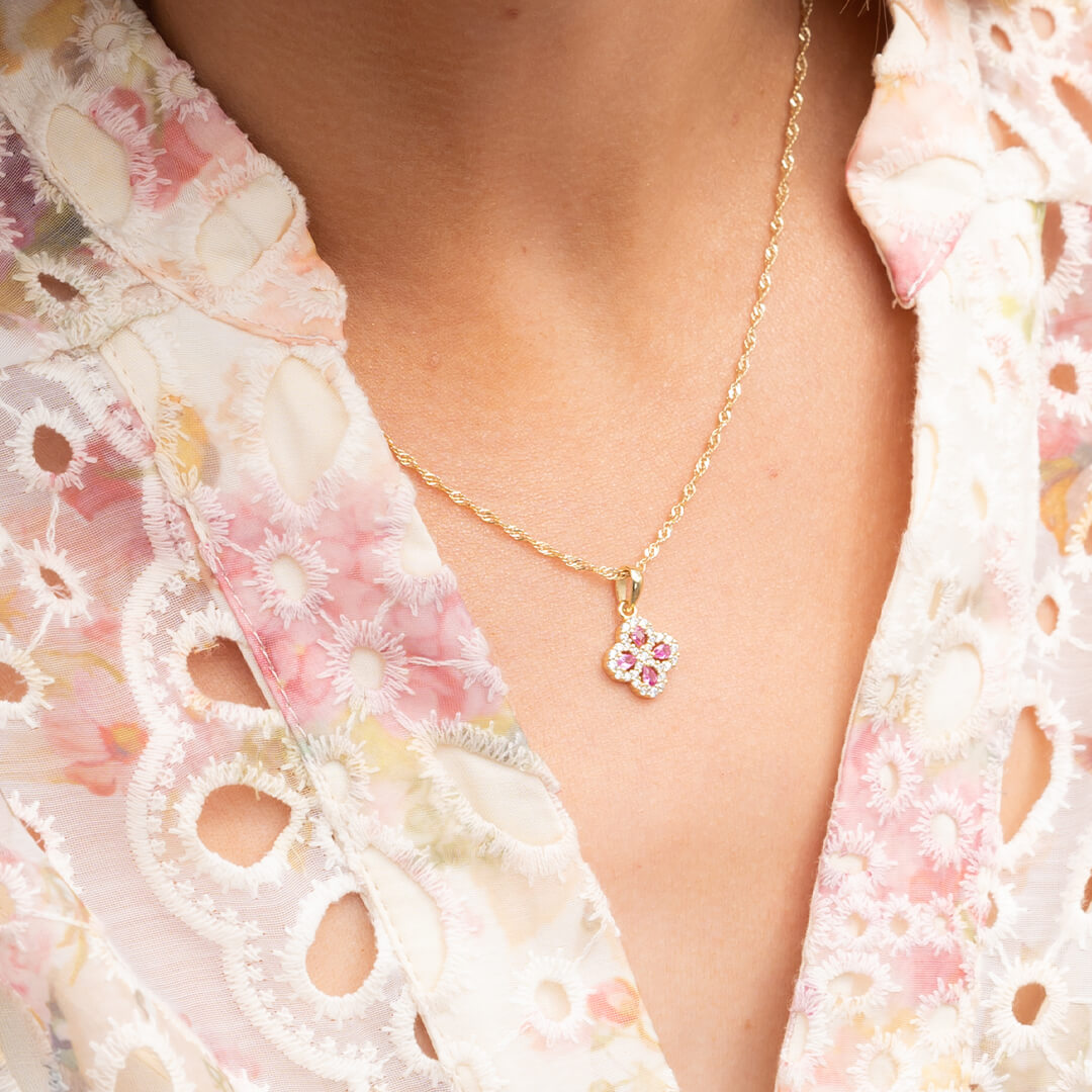 Halssmykke Kløver 925 Forgylt Sølv Rosa