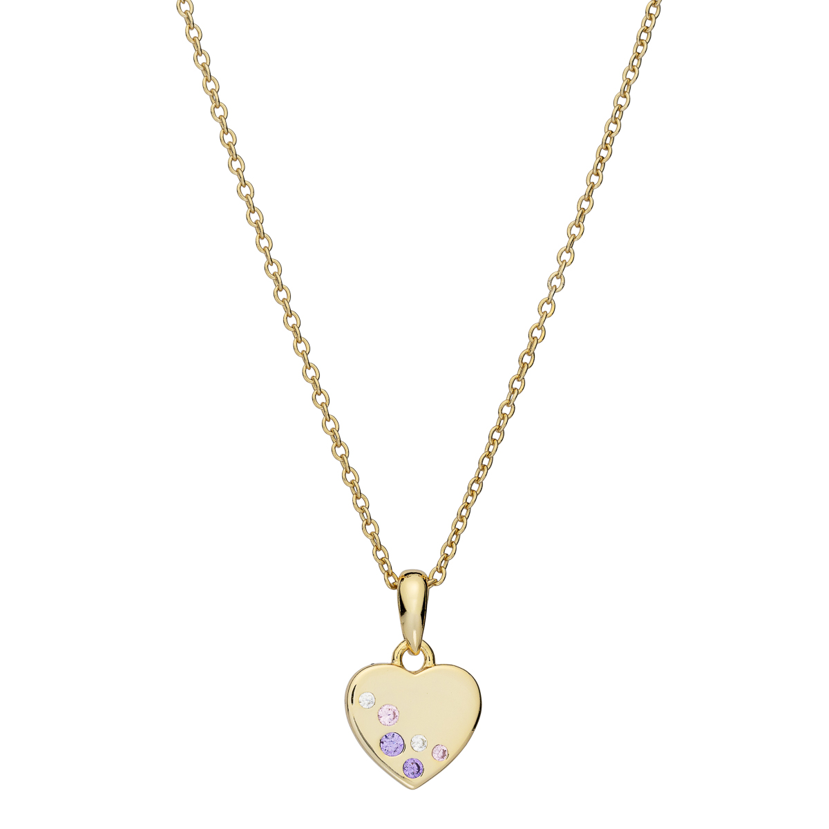 Gullfarget hjerteanheng med små steiner i gaveeske med enhjørningmotiv og Bjørklund-logo