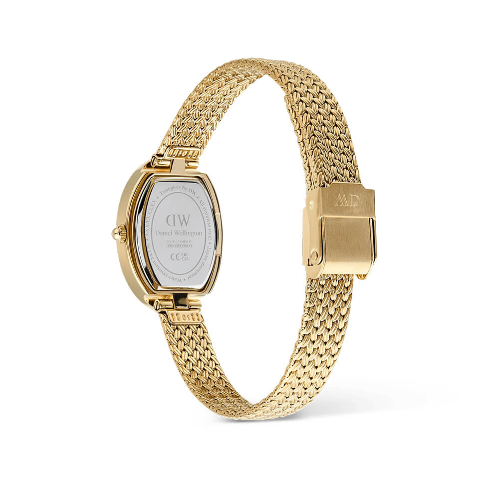 Oval Daniel Wellington-klokke i gull med hvit urskive og flettet lenke.