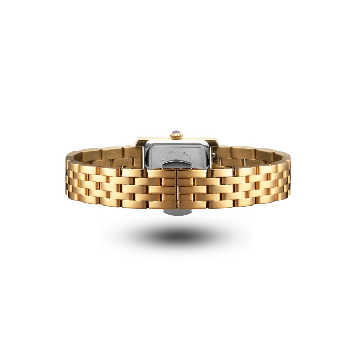 Rektangulær gullfarget armbåndsur med hvit urskive og romertall, vist mot hvit bakgrunn