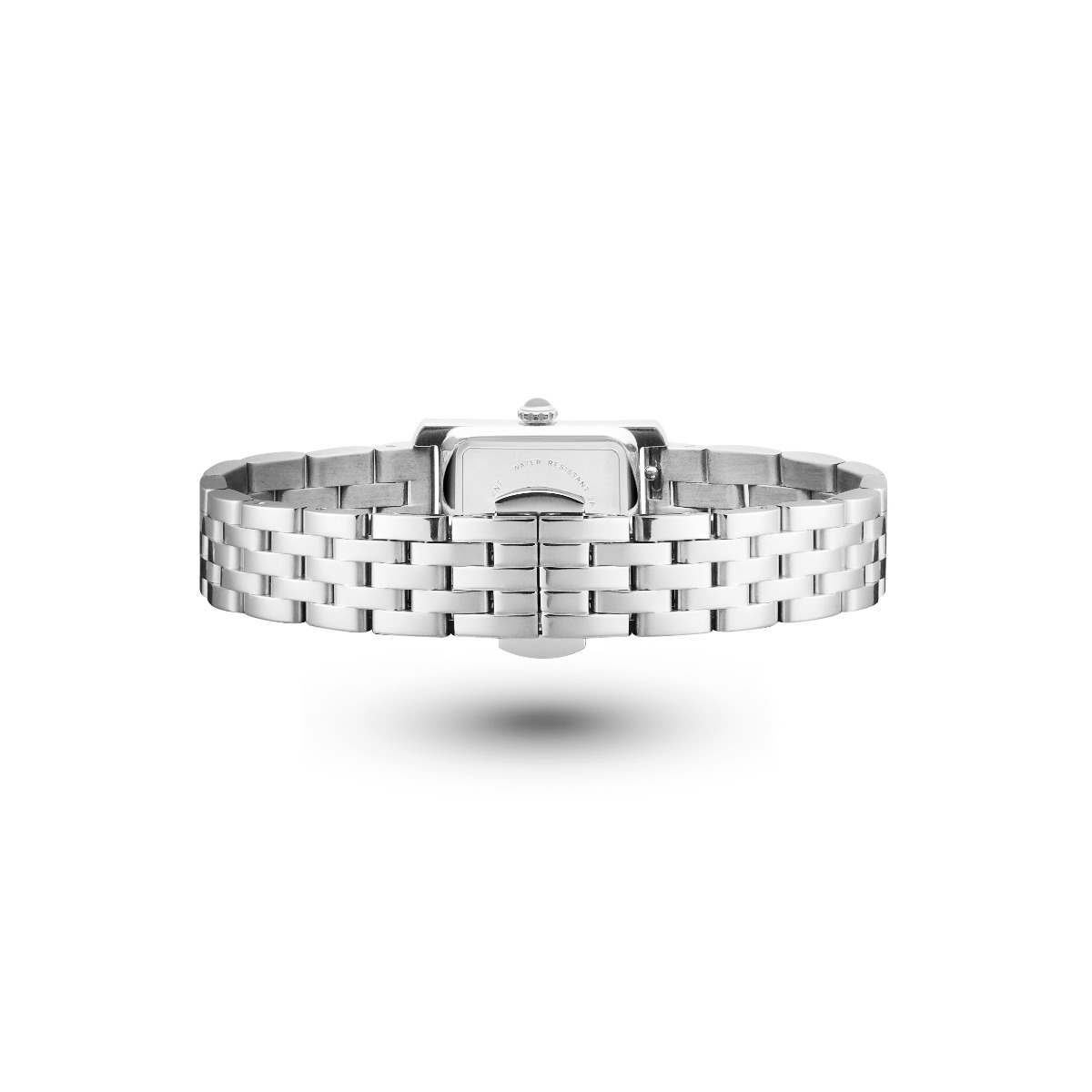 Sølvfarget dameklokke med rektangulær kasse, hvit urskive med romerske tall og treledd stållenke mot hvit bakgrunn med skygge