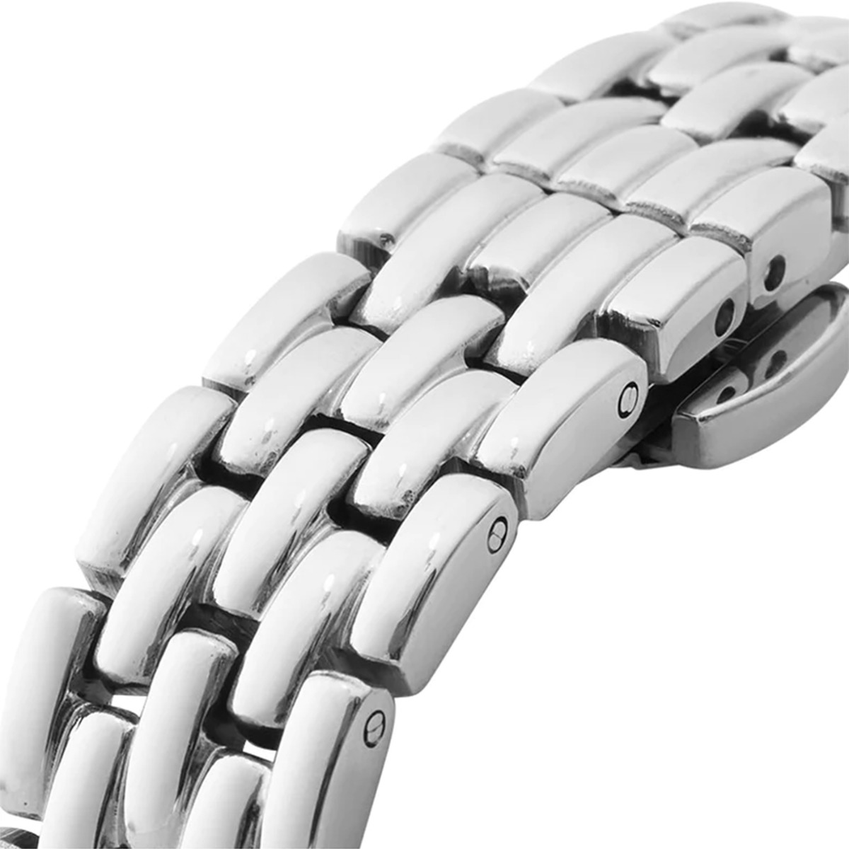 Sølvfarget Mockberg-klokke med hvit firkantet urskive og romertall på lenkearmbånd.