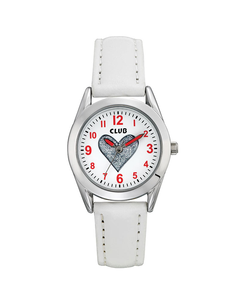 Barneklokke Hvit Skinnrem m/Hjerte 