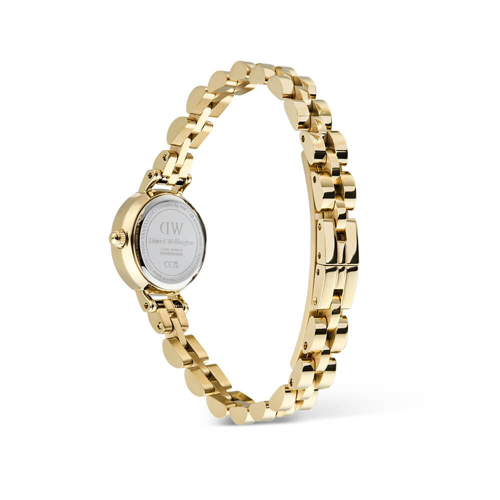 Gullfarget Daniel Wellington-klokke med hvit rund urskive og lenke i rustfritt stål.