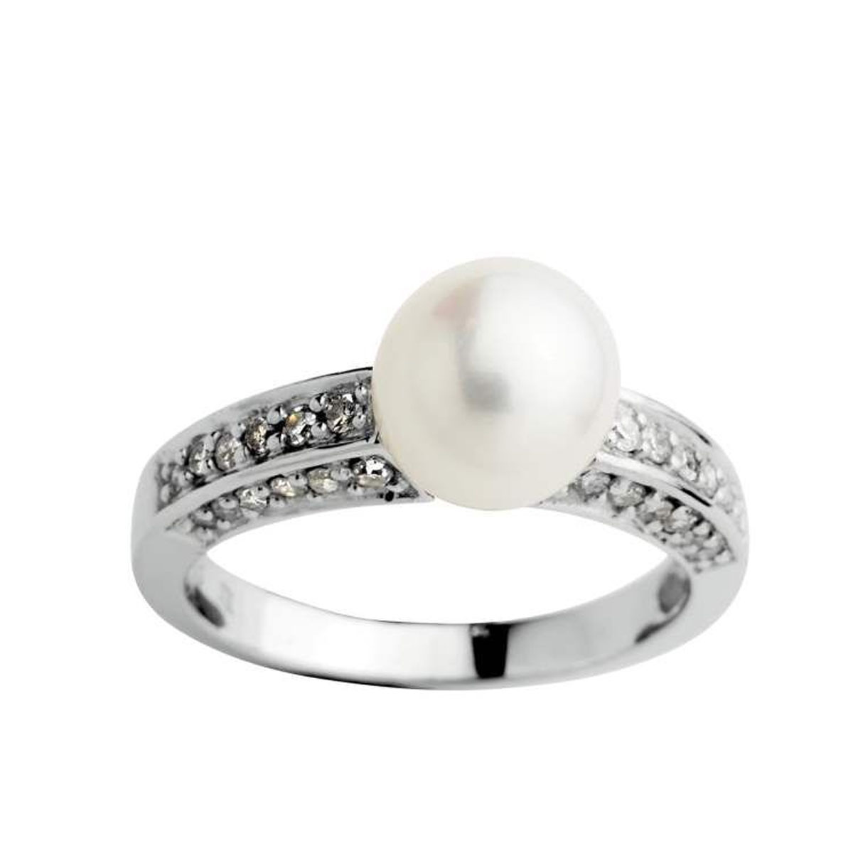 Diamantring Ferskvannsperle 585 Hvitt Gull 0,27 ct.