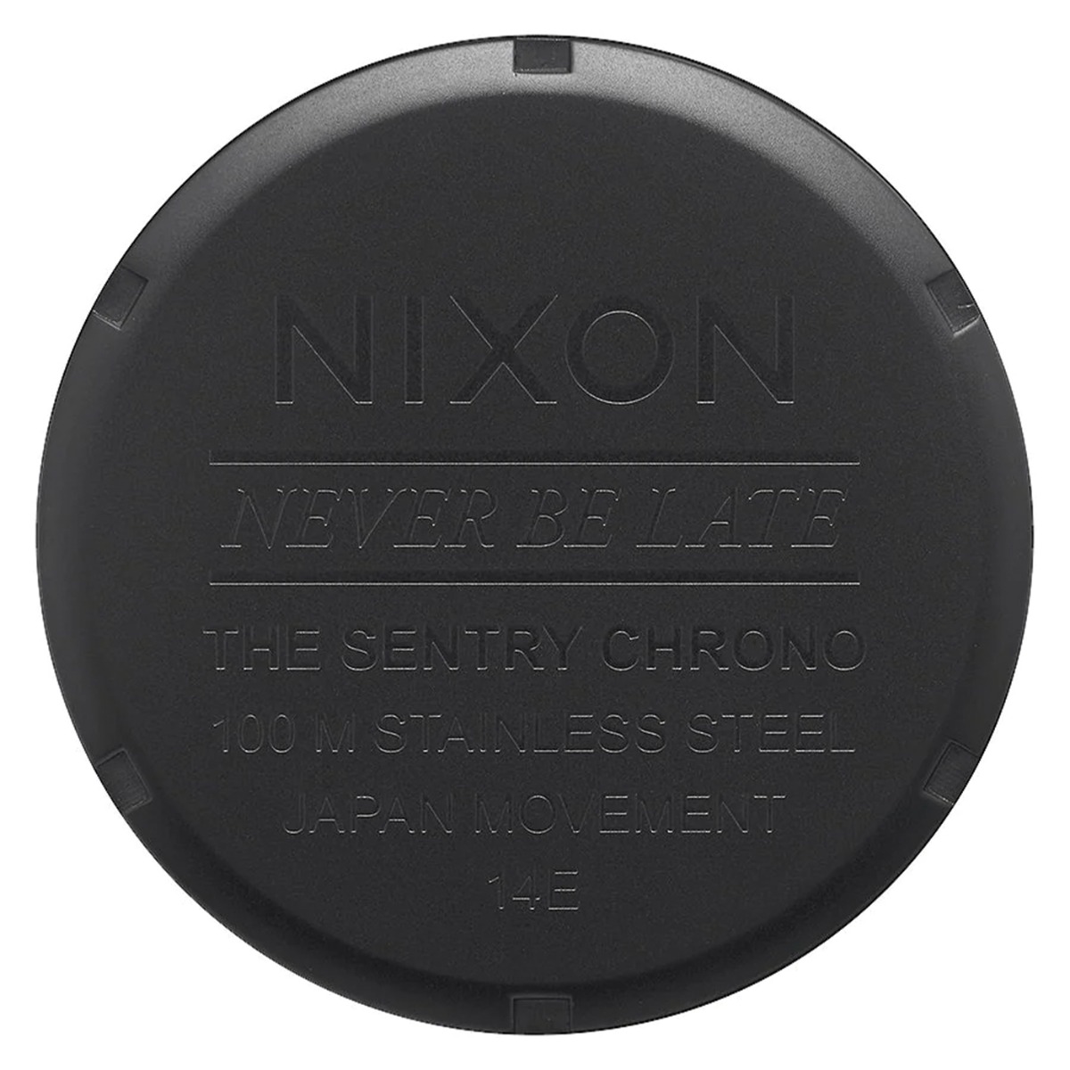 Frontvisning av svart armbåndsur med gullfargede detaljer, kronograf og metalllenke.