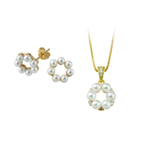Smykkesett Perle Sirkel Gullforgylt Sølv