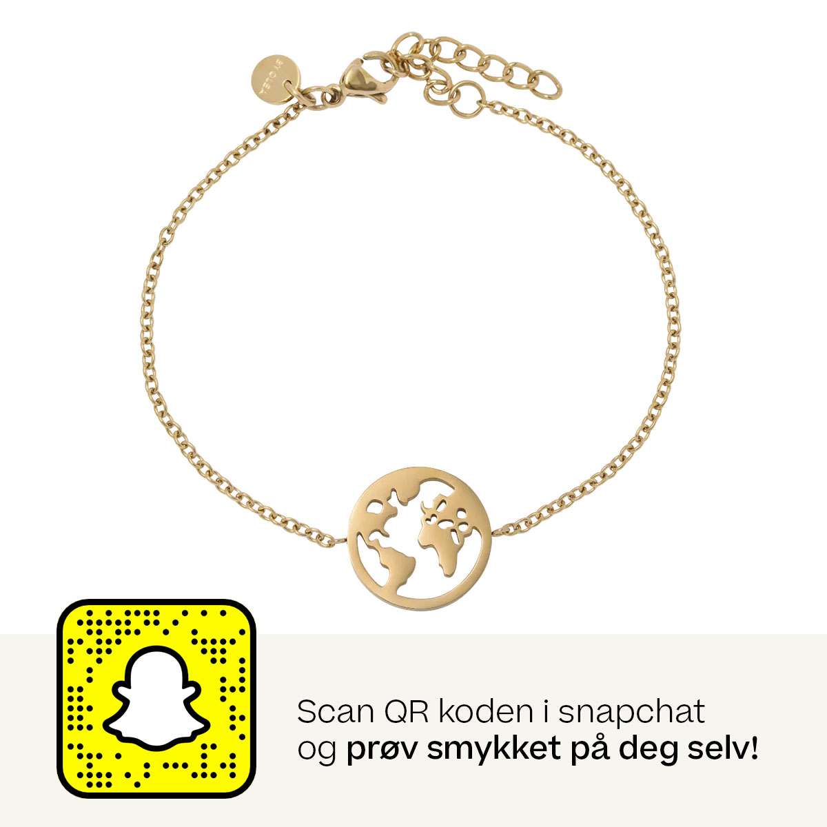 Armbånd i gullfarget metall med lenkekjede, rundt anheng med utskåret verdenskart, karabinkrok og justerbar forlengelse