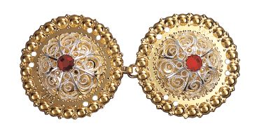 spenne, forgylt/hvit m.raud st