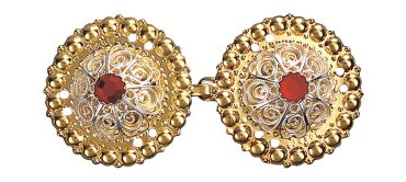 spenne, forgylt/hvit m.raud st