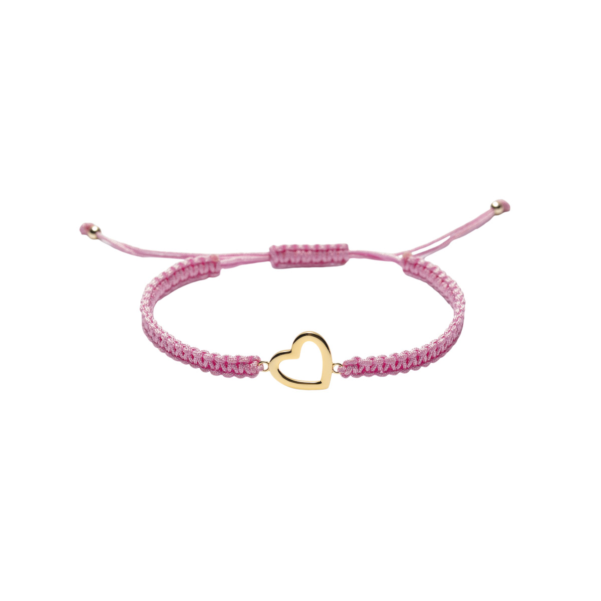 Et Frelsesarmeen vennskapsarmbånd i rosa med hjerte i forgylt sølv på hvit bakgrunn og rød Frelsesarme-logo øverst til venstre.