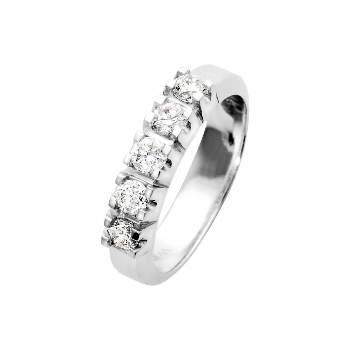 Et produktbilde av en alliansering i hvitt gull med 5 glitrende diamanter i fronten