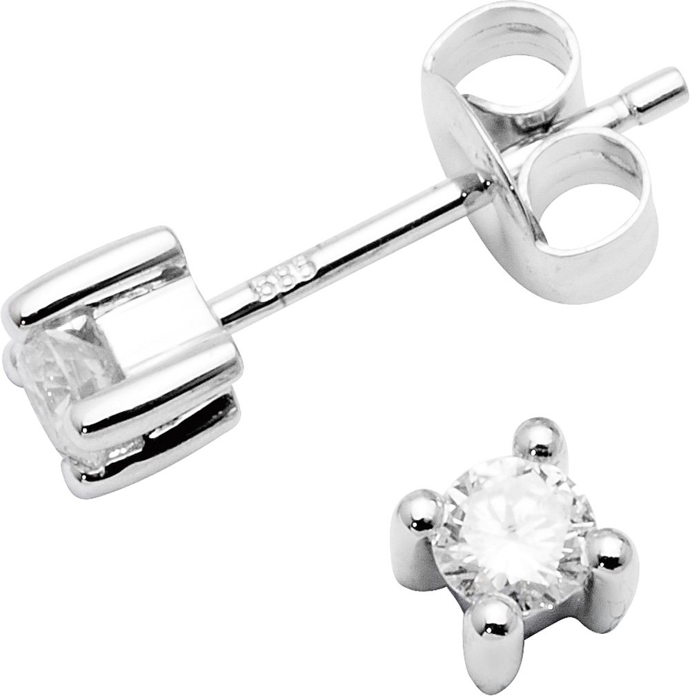 Øredobber i hvitt metall med klare steiner i kronefatning med fire klør, fjærlås synlig fra siden, vist fra to vinkler